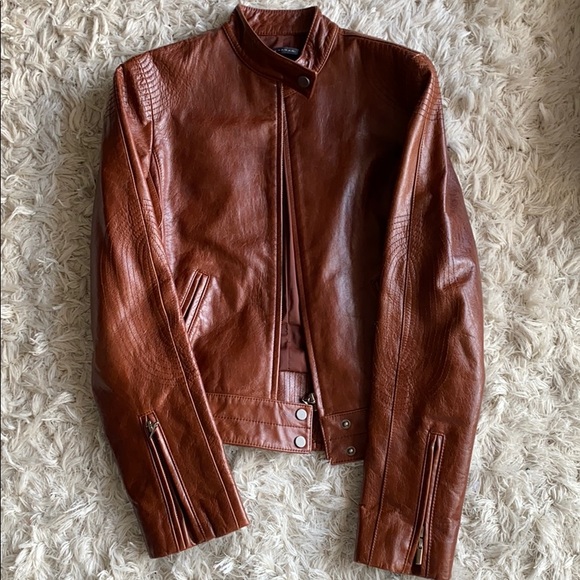 Elie Tahari - Brown Leather Motorcycle Jacket - Picture 4 of 5